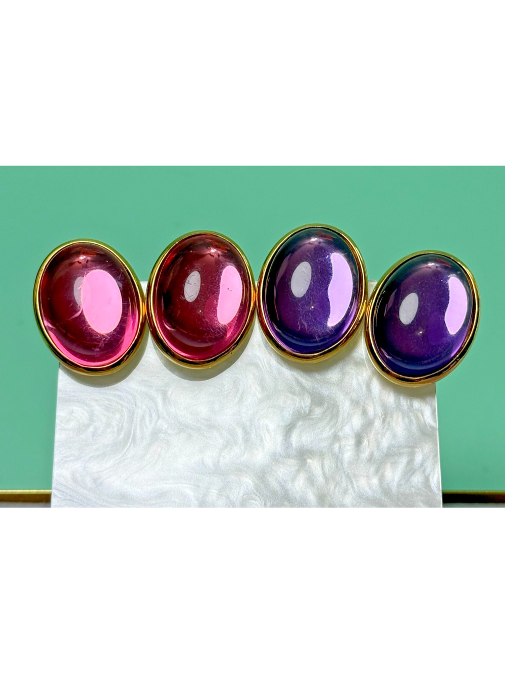 Vintage Trifari Clip On Earrings Oval Cabochon Gold Tone Jelly Belly 1980s Pink